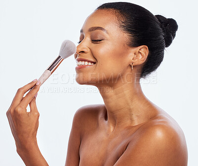 Buy stock photo Makeup, powder brush and beauty of a woman in studio for dermatology, cosmetic and natural glow. Happy aesthetic model person with facial tools for a healthy skin isolated on a white background