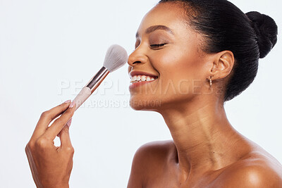 Buy stock photo Beauty, makeup brush and face of a happy woman in studio for dermatology and cosmetics. Aesthetic model person with facial powder tools for healthy skin and shine glow isolated on a white background