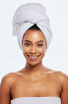 Buy stock photo Hair towel, happy woman and portrait in studio, isolated white background and face beauty. Female model, clean shower and head cloth for skincare, dermatology and bathroom cosmetics for body wellness