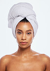 Black woman, portrait and head towel in studio, isolated white background and face beauty. Female model, clean shower and hair cloth for skincare, dermatology and bathroom cosmetics for body wellness