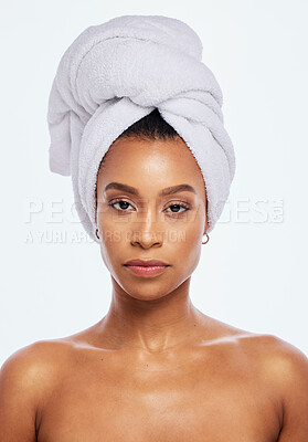 Buy stock photo Black woman, portrait and head towel in studio, isolated white background and face beauty. Female model, clean shower and hair cloth for skincare, dermatology and bathroom cosmetics for body wellness