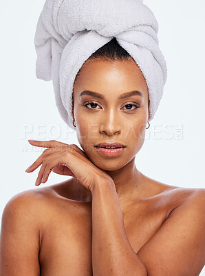 Buy stock photo Head towel, portrait and black woman in studio, white background and isolated facial beauty. Female model, clean shower and hair cloth for skincare, body dermatology and aesthetic face glow in Brazil