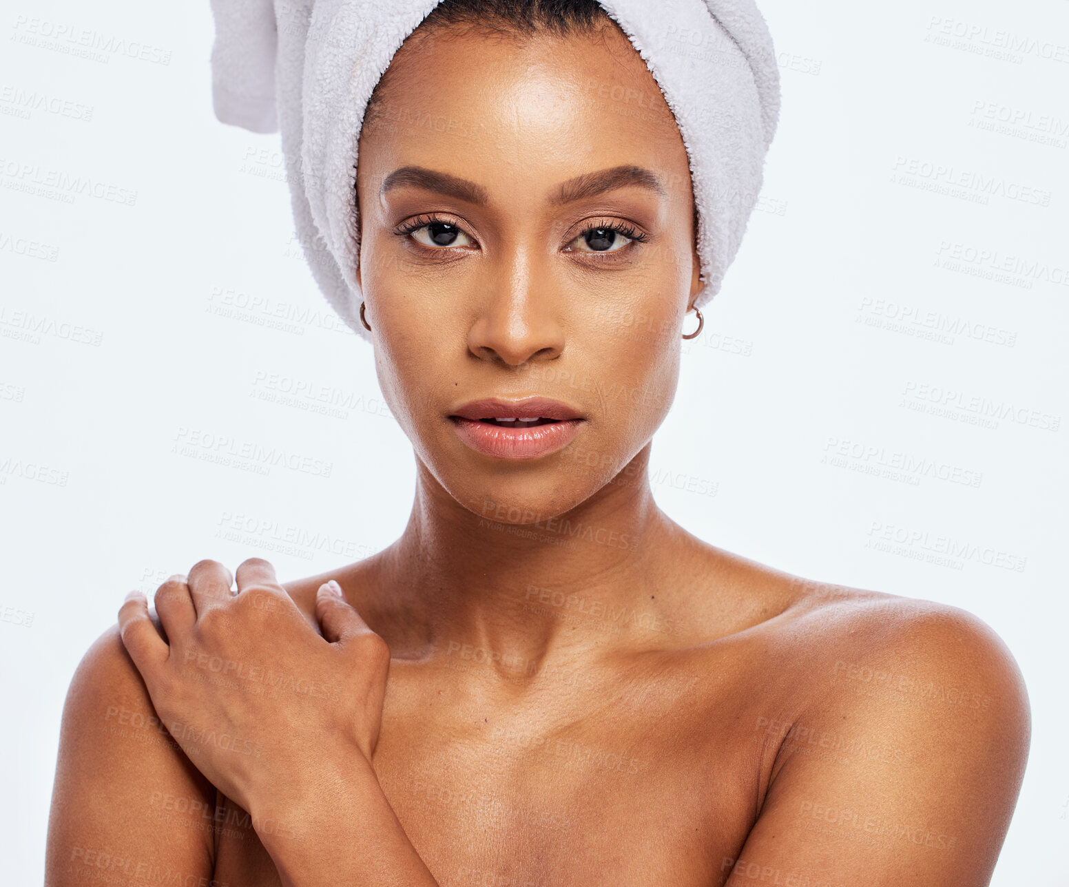 Buy stock photo Shower, towel and portrait of black woman in studio, white background and isolated facial beauty. Female model, head and clean bathroom cloth for skincare, body dermatology and healthy face in Brazil