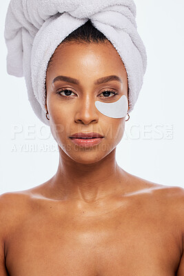 Buy stock photo Skin care, eye patch and beauty portrait of a woman in studio for dermatology and cosmetics. Aesthetic model person for spa facial, towel and healthy or natural face glow isolated on white background