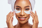 Black woman, beauty and eye patch portrait in studio for dermatology, cosmetics and natural skincare. Face of aesthetic model with collagen spa facial and healthy glow isolated on a white background