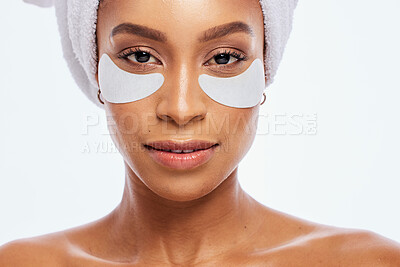 Buy stock photo Beauty, eye patch and skincare for woman portrait in studio for natural dermatology. Aesthetic model for spa facial, towel and healthy or clean face glow cosmetic product isolated on white background