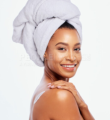 Buy stock photo Body cream, beauty and skincare woman portrait in studio for dermatology, cosmetics and natural skin. Aesthetic model person with spa product for a healthy glow on back isolated on a white background