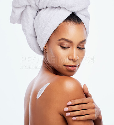 Buy stock photo Beauty, woman and body cream for skincare in studio for dermatology, cosmetics and natural skin. Aesthetic model person with luxury spa product for a healthy glow isolated on a white background