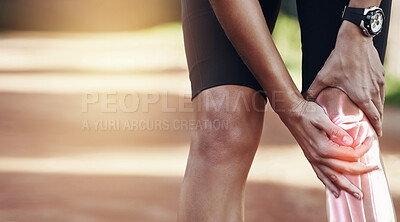Buy stock photo Hands, knee and injury with a sports man holding his joint in pain after suffering an accident while running outdoor. Fitness, exercise or training and a male athlete struggling with an injured leg