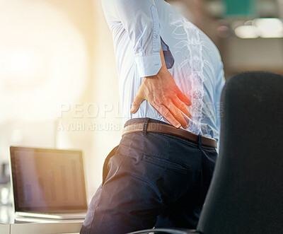 Buy stock photo Businessman, back pain and x ray of spine from sitting and working by laptop on desk chair at the office. Employee male suffering spinal injury or slip disk with ache, inflammation or painful join