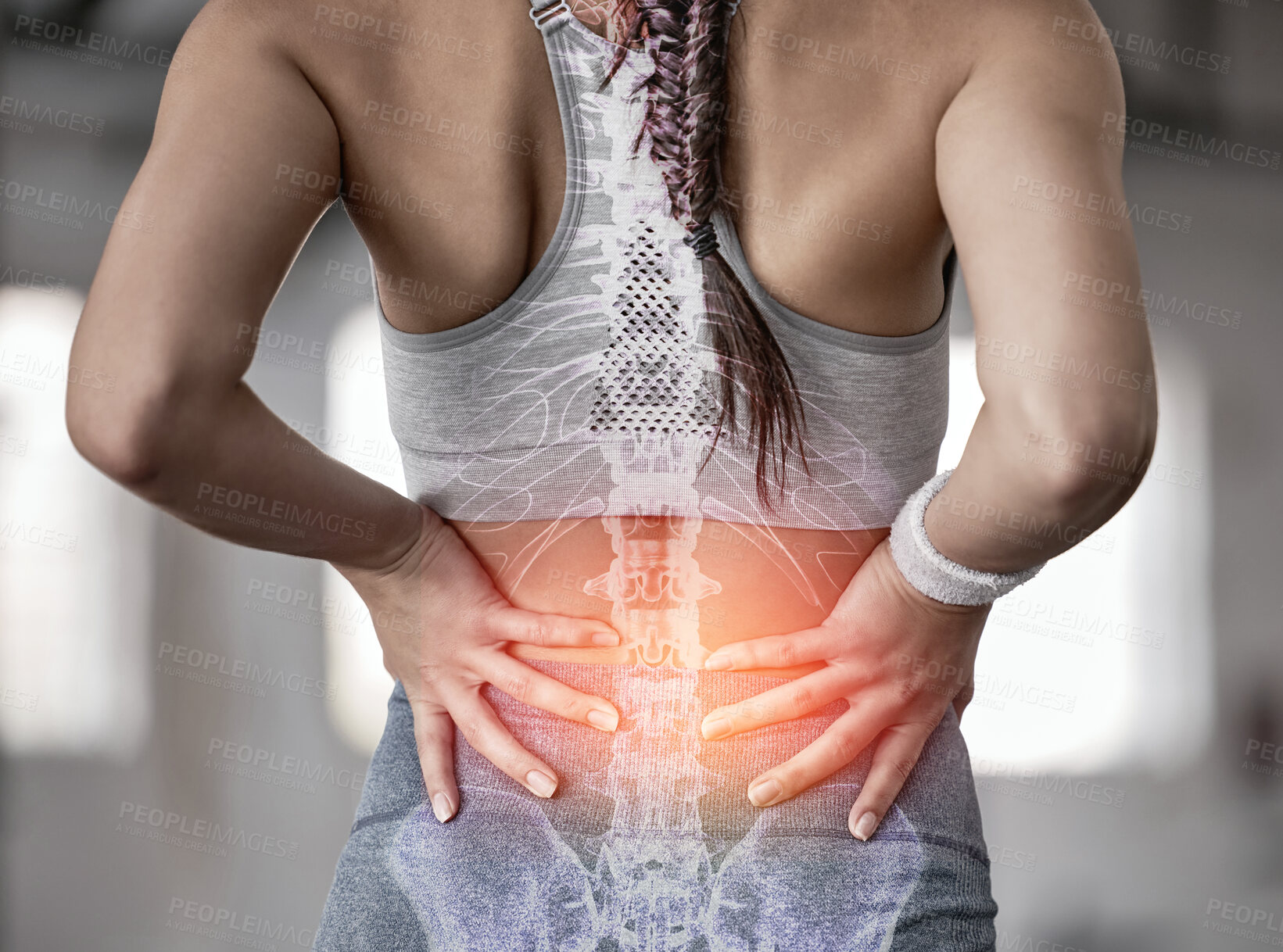 Buy stock photo Spine, anatomy and back of a woman with pain during fitness, training and exercise with a problem. X ray, medical and athlete with injury or accident from gym sports, workout or cardio inflammation