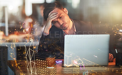 Buy stock photo City overlay, stress or business man on laptop for stock market crash, financial crisis or investment depression. Sad, headache or employee on tech with finance anxiety, audit error or mental health