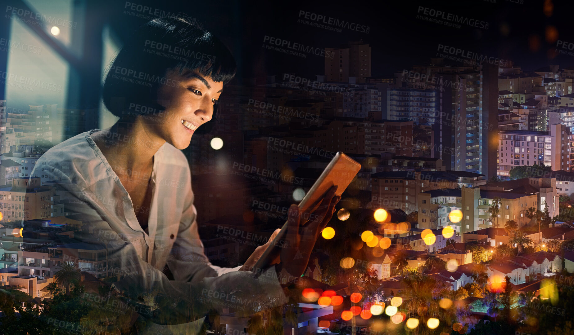 Buy stock photo Night, city and tablet of woman by window for global networking, stock market review and data analytics. Bokeh lights, dark and happy person monitor data on digital technology, software or seo report