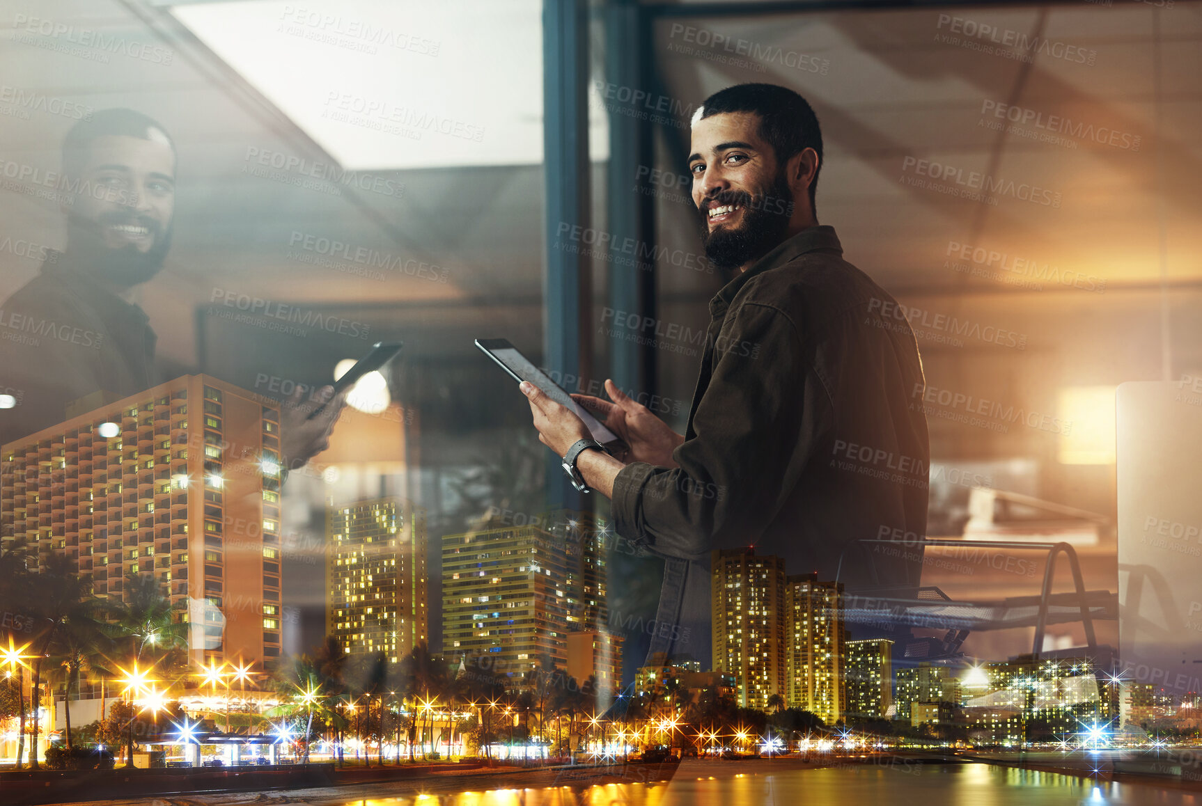 Buy stock photo Night, city and portrait of man with tablet for global networking, stock market research and data analytics. Happy, window and lights of person smile for vision in trading, management or software app