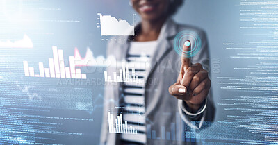 Buy stock photo Hand, future and finance with a business black woman touching an ai interface for data or information. Finger, digital and hologram with a female employee working as a user on futuristic software