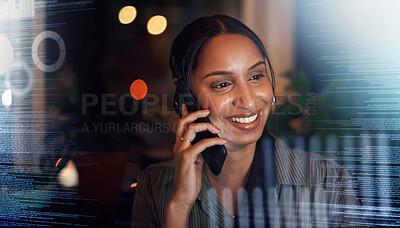 Buy stock photo Digital, overlay or black woman with phone call for communication, networking or contact us at night. Stock market, happy or trading girl for financial invest data growth planning or double exposure