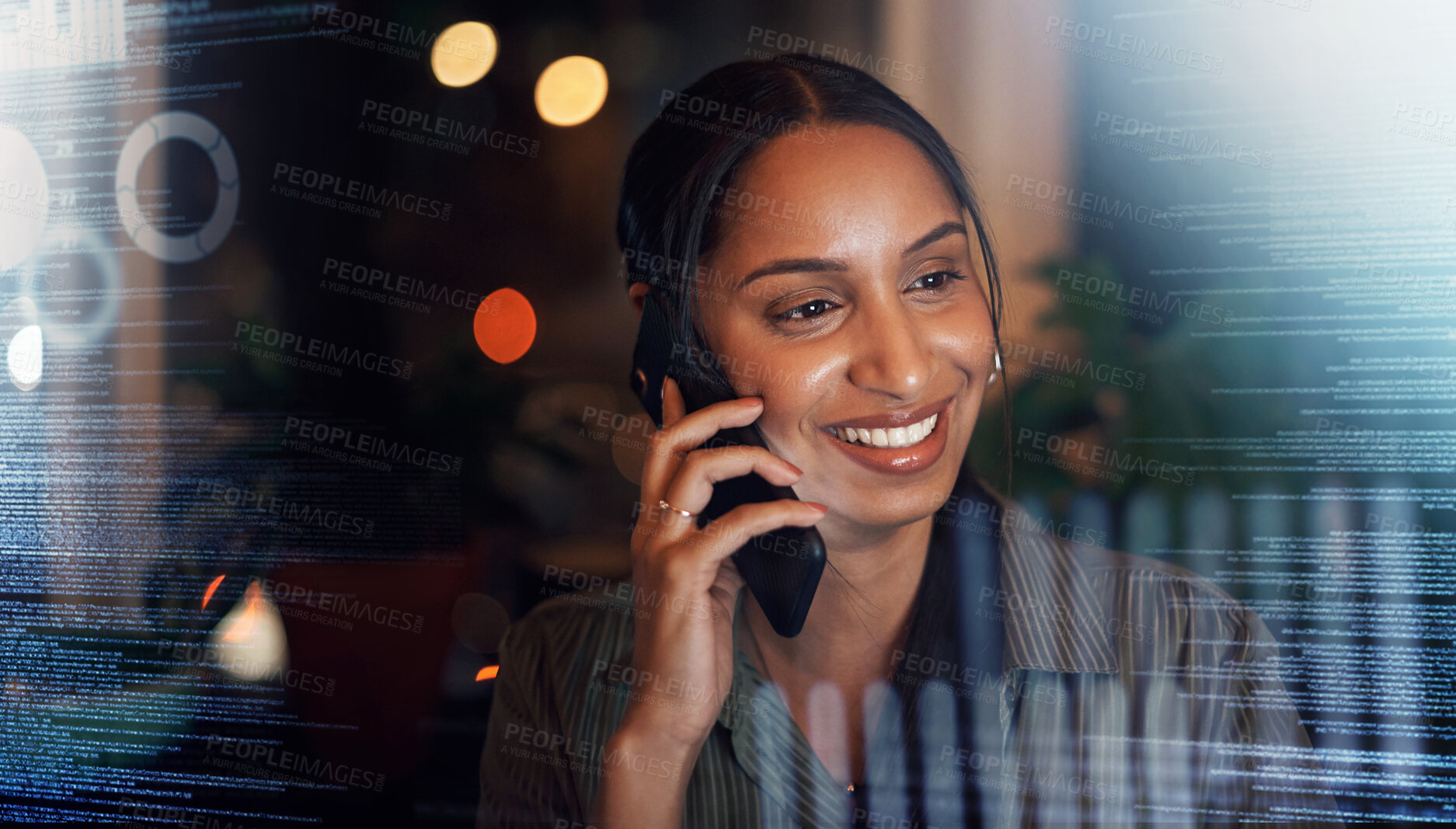 Buy stock photo Digital, overlay or black woman with phone call for communication, networking or contact us at night. Stock market, happy or trading girl for financial invest data growth planning or double exposure