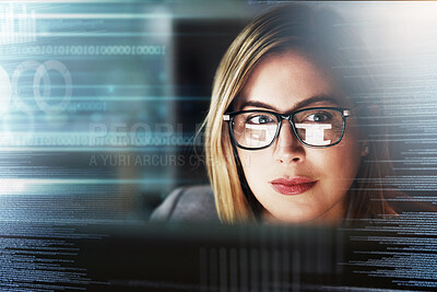Buy stock photo Hologram, crypto overlay and futuristic data with a business woman thinking about 3d networking code. Computer research, future finance idea and stock market employee reading financial investment 