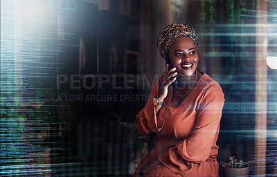 Buy stock photo Digital overlay, futuristic or black woman on phone call for communication, networking or contact us at night. Stock market, happy or trading girl with smile for financial investment growth planning