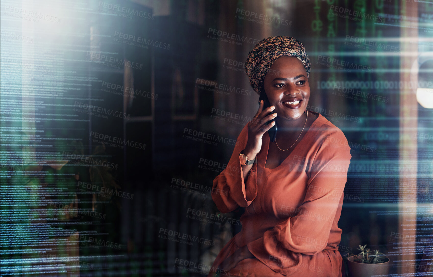 Buy stock photo Digital overlay, futuristic or black woman on phone call for communication, networking or contact us at night. Stock market, happy or trading girl with smile for financial investment growth planning