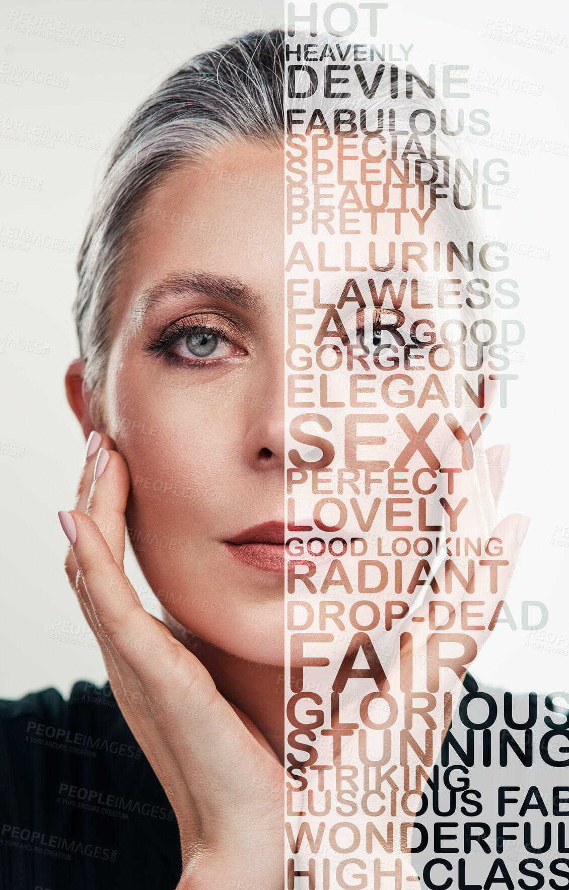 Buy stock photo Senior woman, elegant and portrait in text, collage or letters of empowerment or message isolated on a background. Elderly female with words overlay on face for beauty reminder, self worth or love