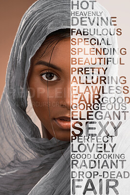 Buy stock photo Beautiful, modest and portrait of a Muslim woman with words of affirmation isolated on a background. Reminder, confidence and Islamic girl with an hijab, message and empowerment on a studio backdrop