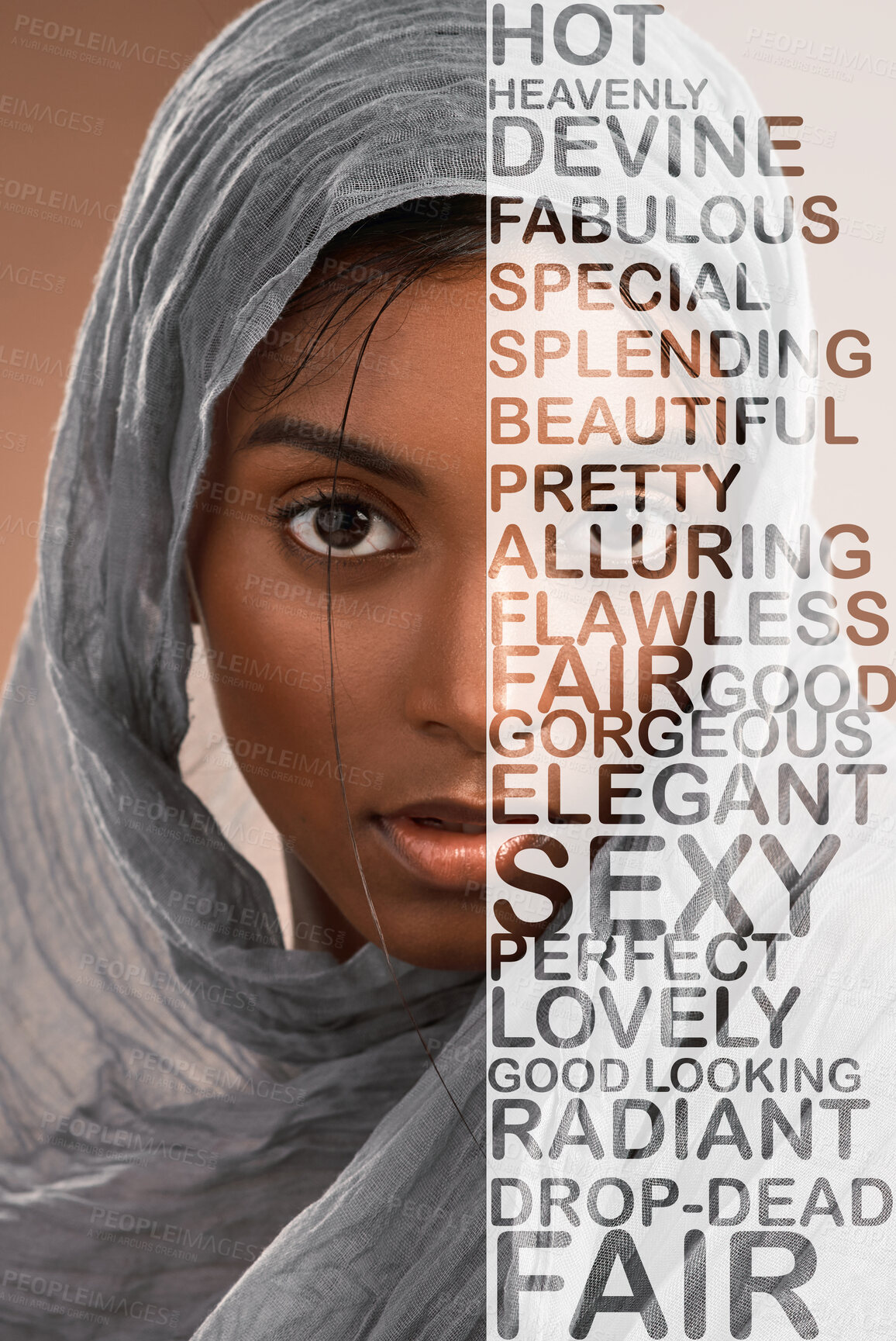 Buy stock photo Beautiful, modest and portrait of a Muslim woman with words of affirmation isolated on a background. Reminder, confidence and Islamic girl with an hijab, message and empowerment on a studio backdrop