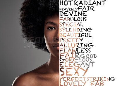 Buy stock photo Black woman, afro and portrait with words, text or collage for empowerment or message isolated on background. African American female with letters overlay on face in reminder for beauty or self worth