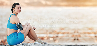 Buy stock photo Workout, beach sunset or portrait of woman relax after outdoor running, sports training or fitness performance. Nature exercise mockup, waves or runner at sea for mental health, calm or freedom peace