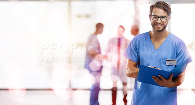 Portrait, documents and mockup with a man nurse working in a hospital for healthcare or treatment. Medical, insurance and paperwork with a medicine professional at work in a clinic for health