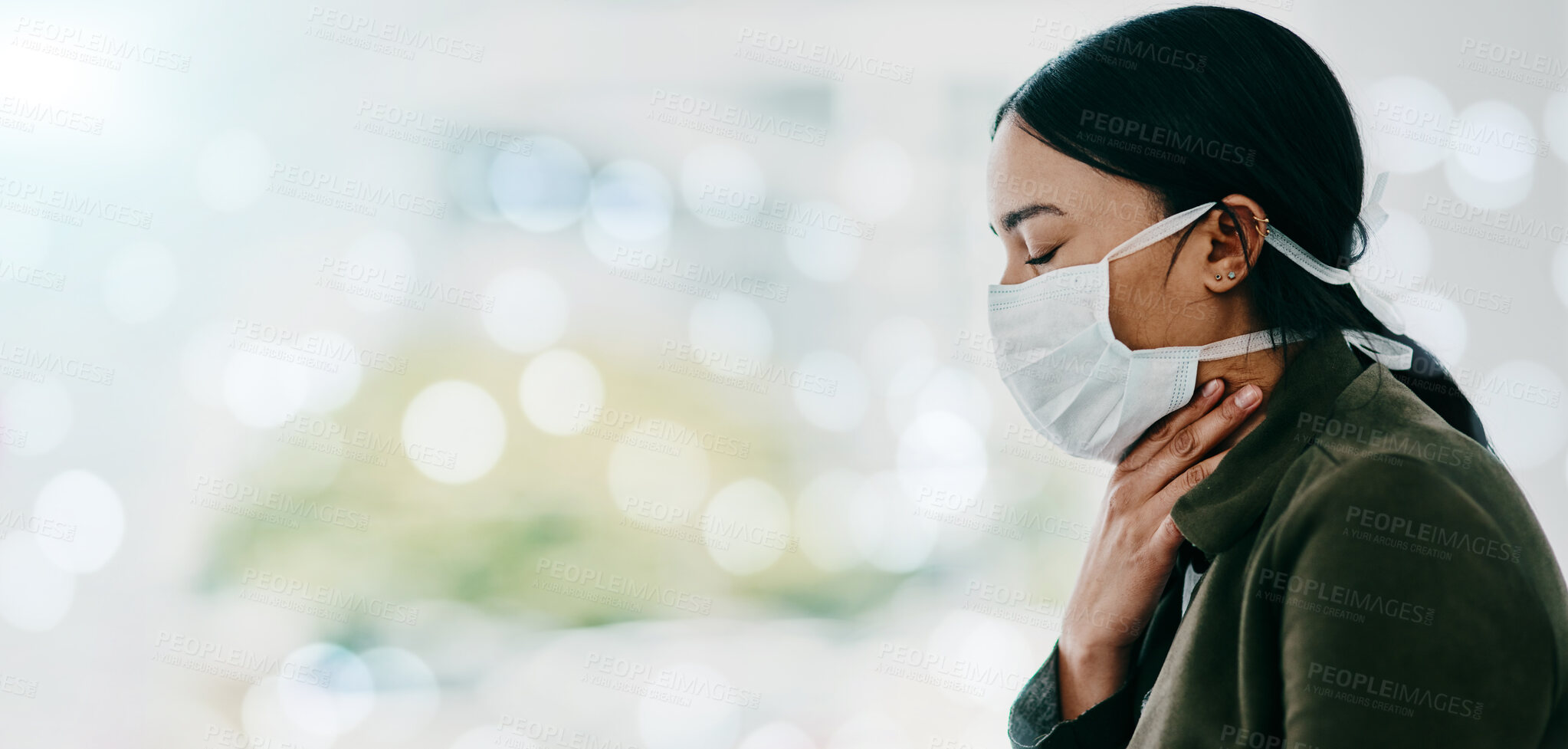 Buy stock photo Covid, cough and mockup with a black woman in a mask holding her throat in pain while suffering from infection. Health, corona virus and sick with a female coughing on a special effects background