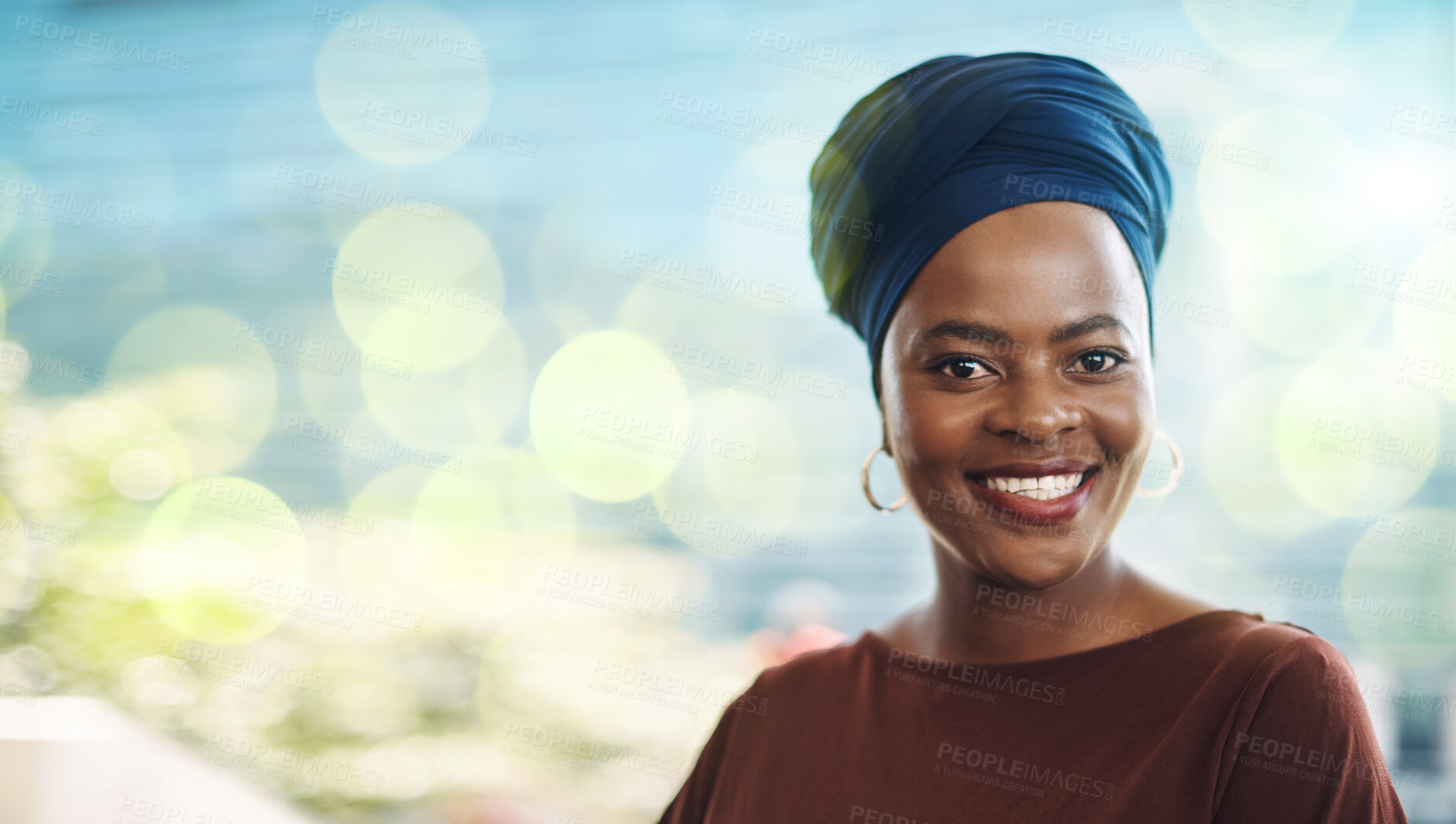 Buy stock photo Corporate black woman, portrait and smile with vision, goals and motivation by blurred background. Female African ceo, business leader and focus with happiness, excited face and mission for success