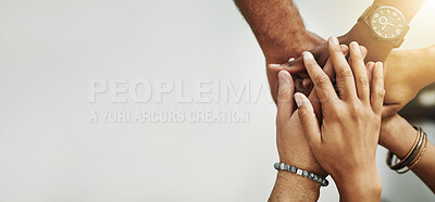 Buy stock photo Hands, teamwork and trust for unity on mockup in community, support or cooperation together. Hand of team piling above for collaboration, partnership or friends in united solidarity for group synergy