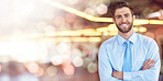 Portrait, confidence and happy business man, trader or investment manager with smile for mission success, vision or career. Bokeh light, mockup and broker with happiness over stock market revenue