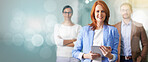 Portrait, leadership and mockup with a business team standing in an office together at work. Manager, teamwork and trust with a female leader using a tablet for planning, strategy or productivity