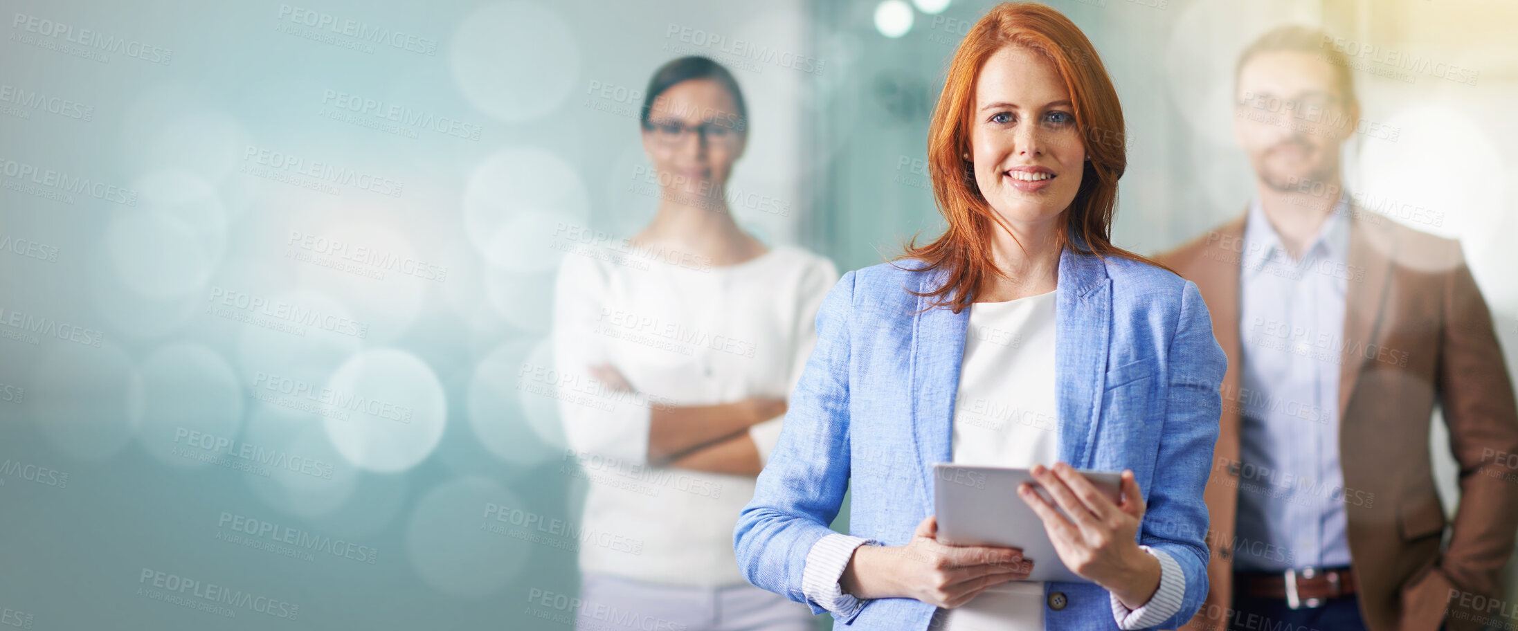 Buy stock photo Portrait, leadership and mockup with a business team standing in an office together at work. Manager, teamwork and trust with a female leader using a tablet for planning, strategy or productivity