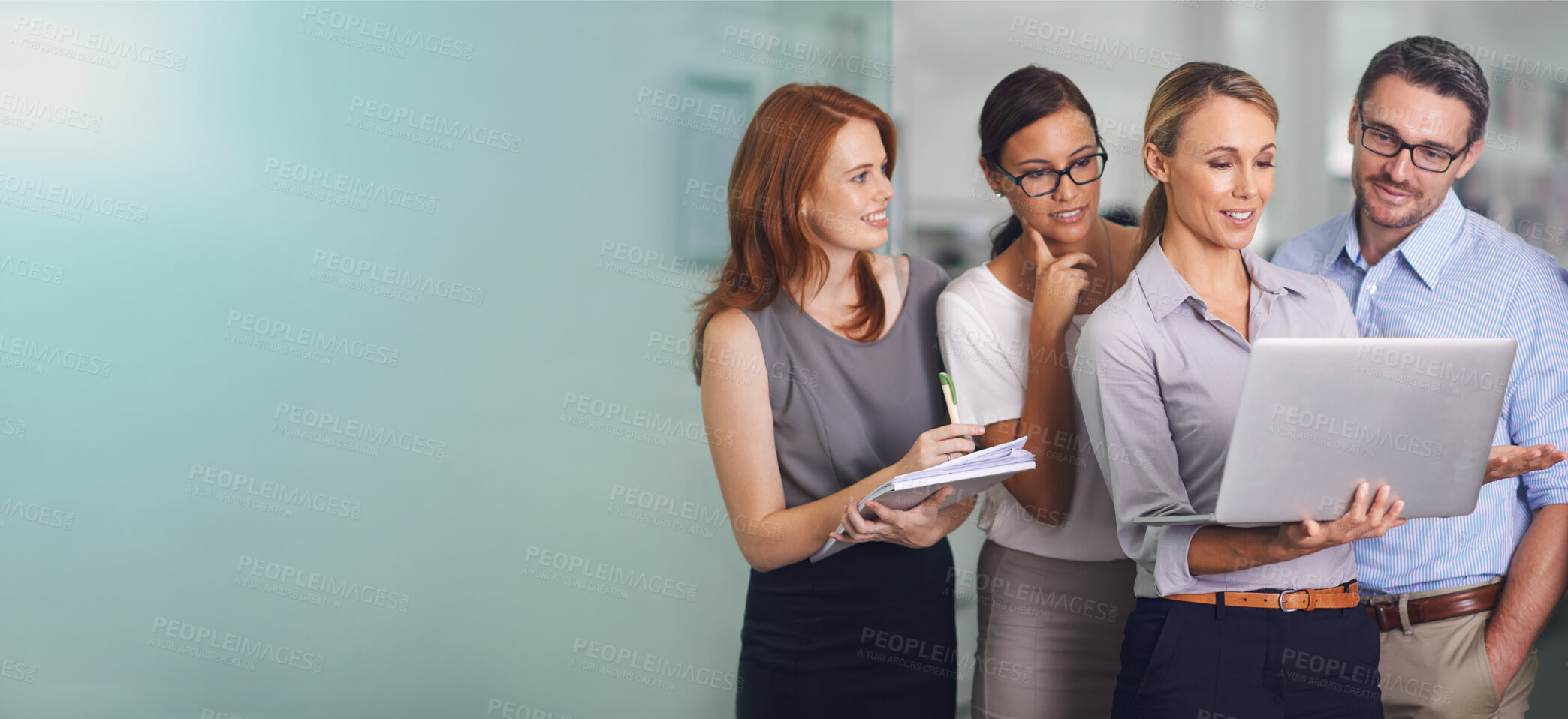 Buy stock photo Business people, laptop and team collaboration for strategy, planning or marketing on mockup at office. Group of employee workers sharing ideas, brainstorming or discussing project plan with computer