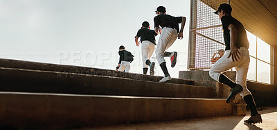 Buy stock photo Baseball team, exercise and sport stadium training of professional athlete group doing a workout. Running, softball and cardio of sports game people doing a action run to pitch on field with mockup