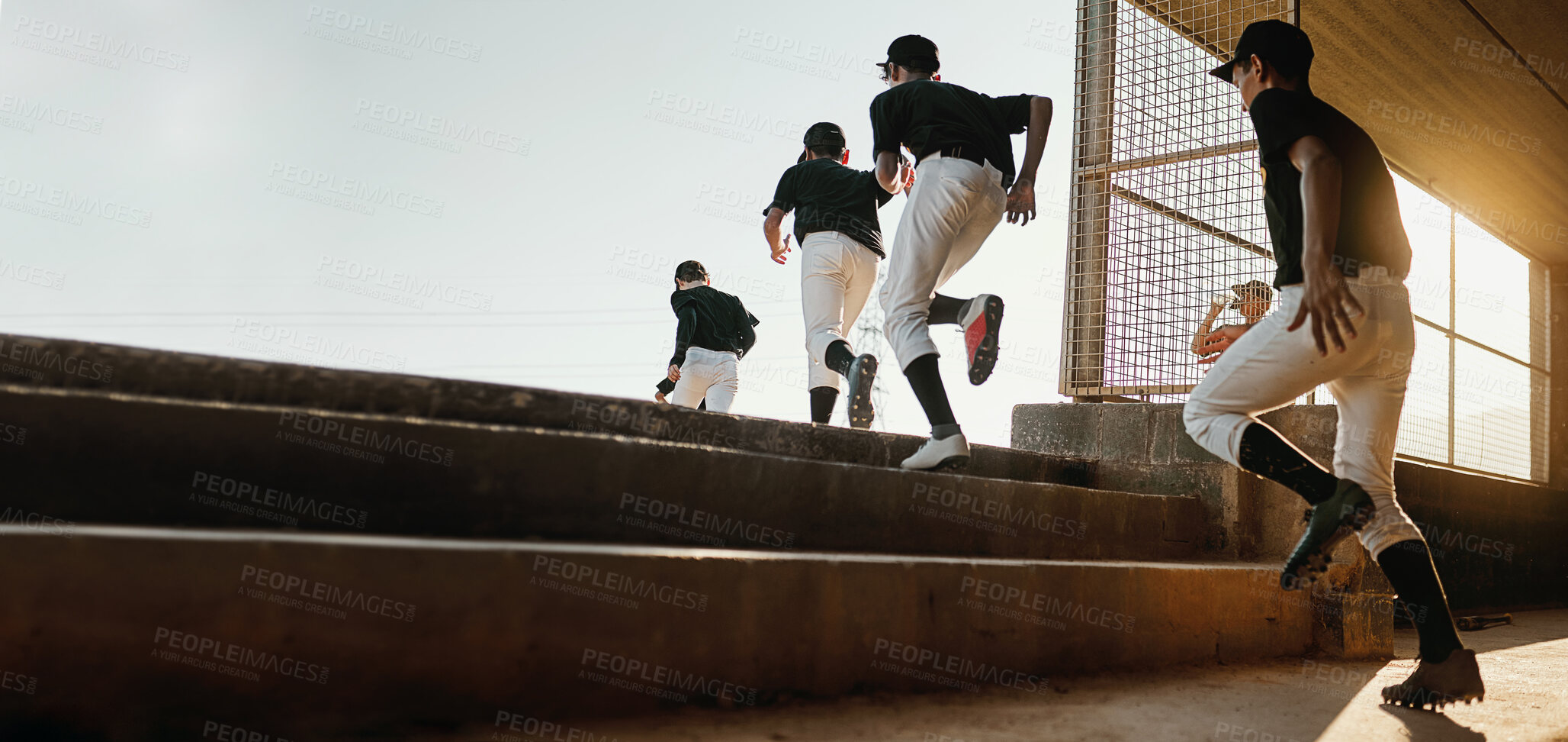 Buy stock photo Baseball team, exercise and sport stadium training of professional athlete group doing a workout. Running, softball and cardio of sports game people doing a action run to pitch on field with mockup