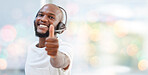 Customer support thumbs up, call center portrait or black man consulting on contact us CRM, telemarketing or telecom. Ecommerce satisfaction, customer service microphone or consultant on bokeh mockup