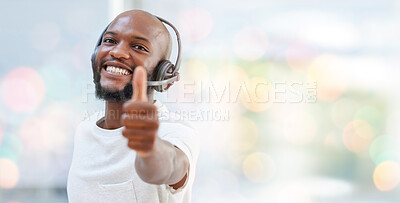 Buy stock photo Customer support thumbs up, call center portrait or black man consulting on contact us CRM, telemarketing or telecom. Ecommerce satisfaction, customer service microphone or consultant on bokeh mockup