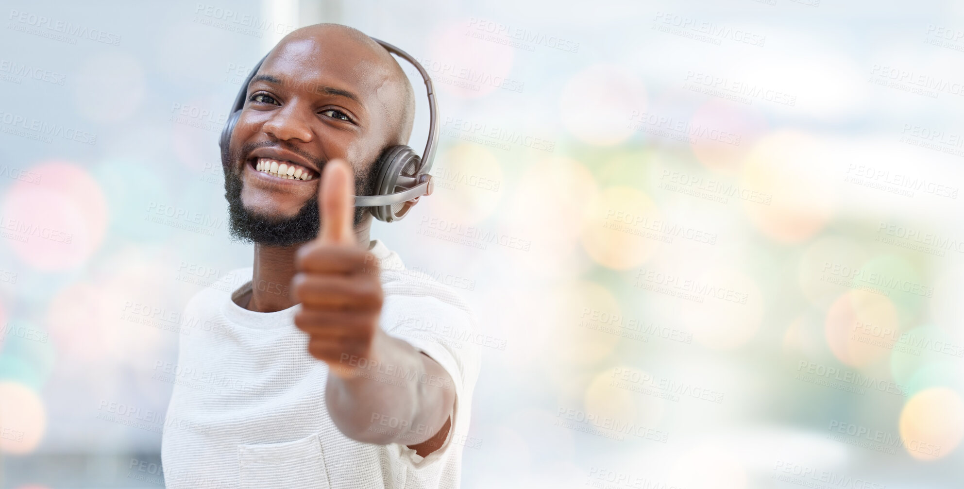 Buy stock photo Customer support thumbs up, call center portrait or black man consulting on contact us CRM, telemarketing or telecom. Ecommerce satisfaction, customer service microphone or consultant on bokeh mockup