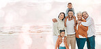 Family portrait, hug and smile at the beach on mockup in joy for holiday break or vacation together. Happy parents, grandparents and kids smiling in joyful happiness for summer time by a ocean coast