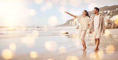 Buy stock photo Love, romance and a couple walking on the beach while holding hands with mockup while on vacation for travel. Nature, summer and honeymoon with a man and woman taking a walk on the sand by the sea