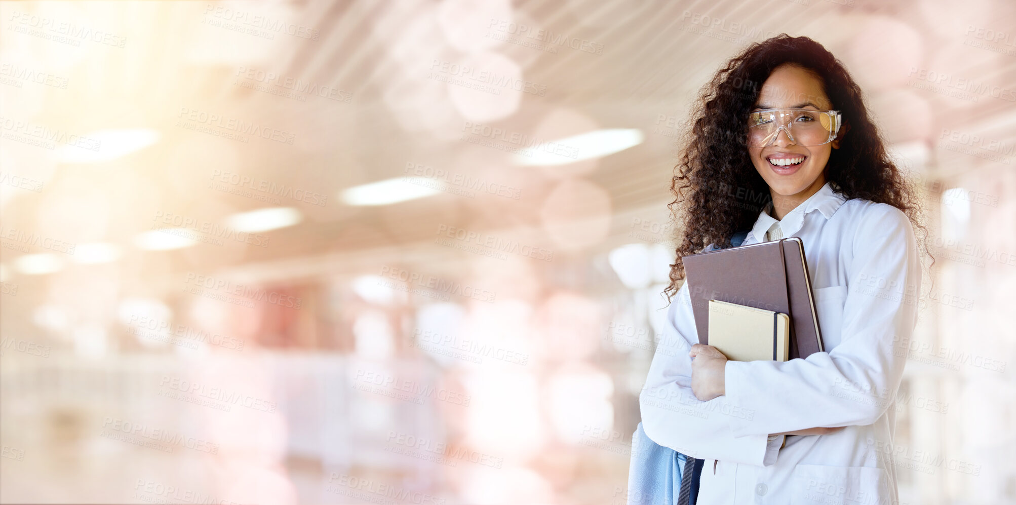 Buy stock photo Portrait, science and mockup with a student girl at university, learning about healthcare as a future doctor. Medical, research and college with a female medicine learner working as a clinic intern