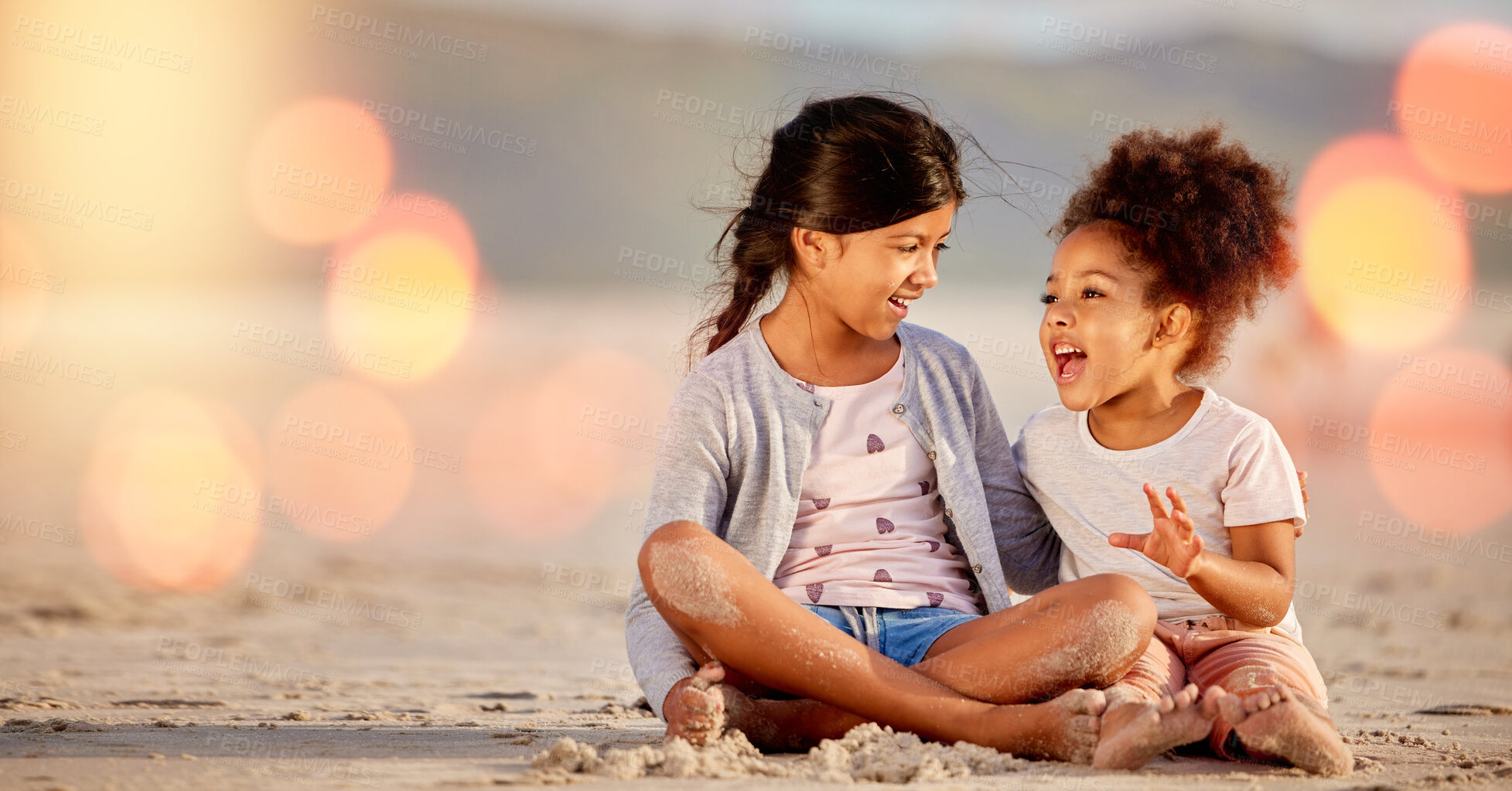 Buy stock photo Beach, children and friends playing, talking and bonding while on summer vacation or adventure. Happy, fun and girl kids sitting and speaking in sand while on seaside holiday, travel or weekend trip.