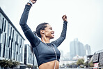 Outdoor, exercise and black woman with hands in air, achievement and fitness with target, goal and success. African American female, runner and athlete training, city and celebration with motivation