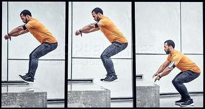 Buy stock photo Fitness, jumping and collage with a sports black man outdoor in the city for a workout to get strong. Exercise, jump and series with a male athlete training outside in an urban town for health