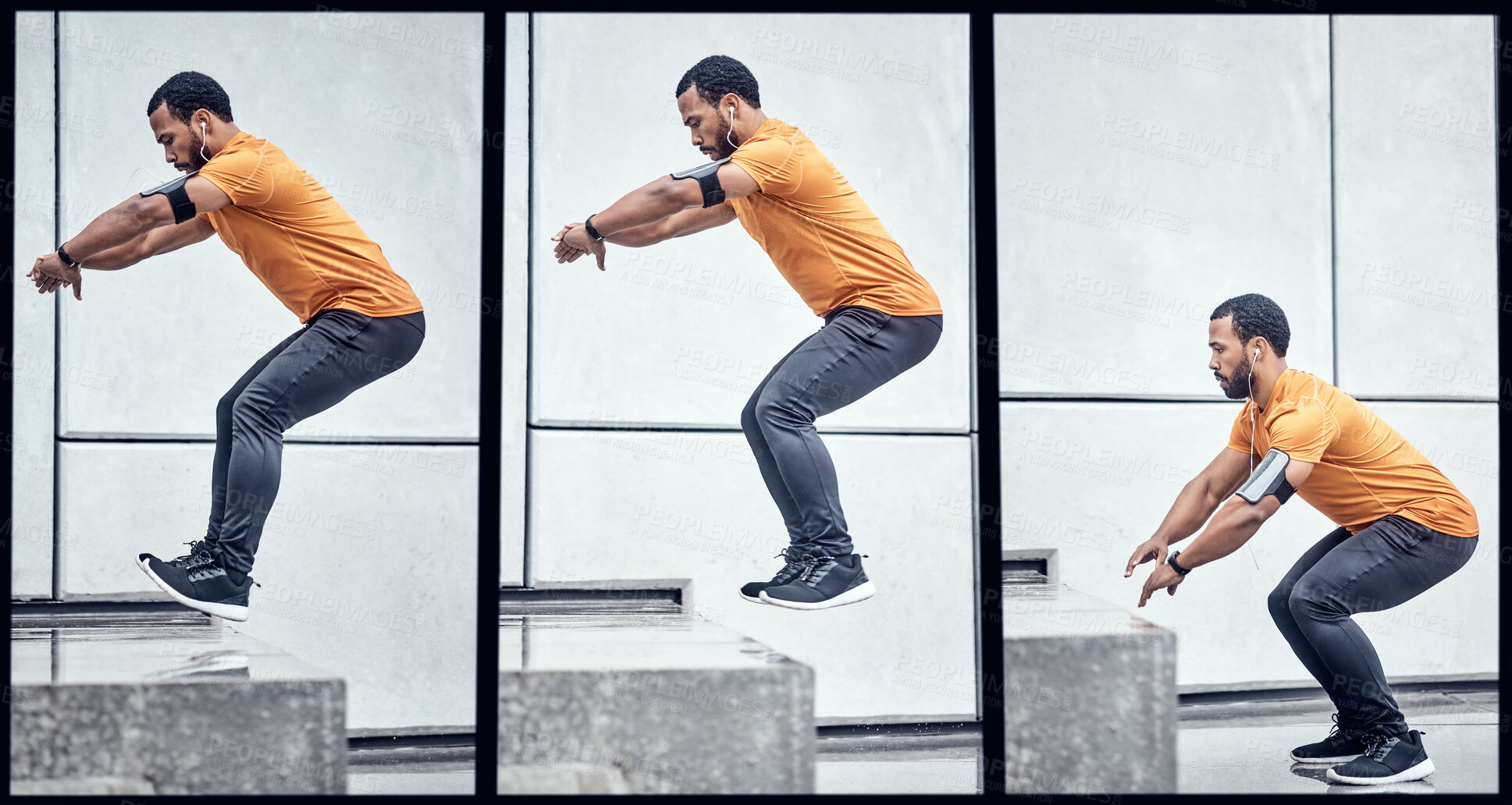 Buy stock photo Fitness, jumping and collage with a sports black man outdoor in the city for a workout to get strong. Exercise, jump and series with a male athlete training outside in an urban town for health