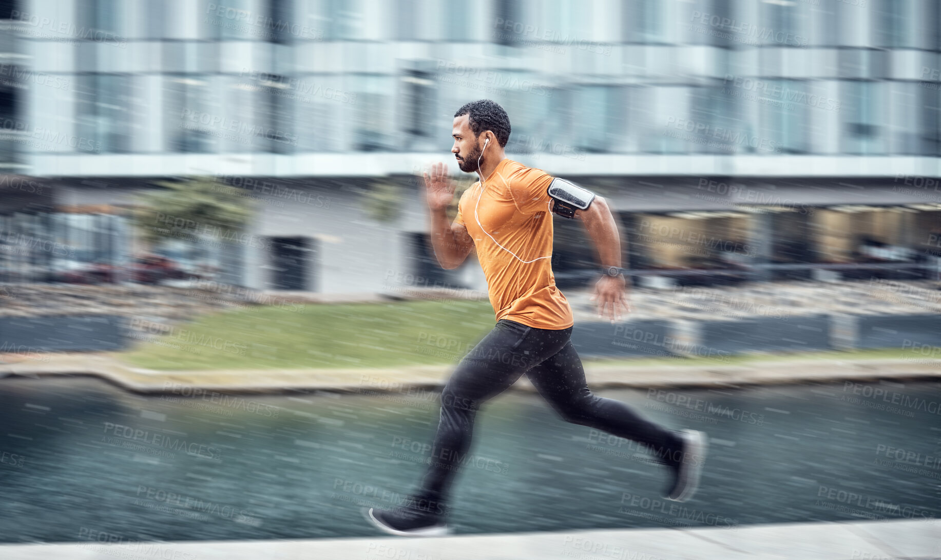 Buy stock photo Blurred, fitness and man running as exercise in the city training, workout and workout outdoors in a town. Athlete, runner and fit male sprint fast for wellness, cardio and health lifestyle